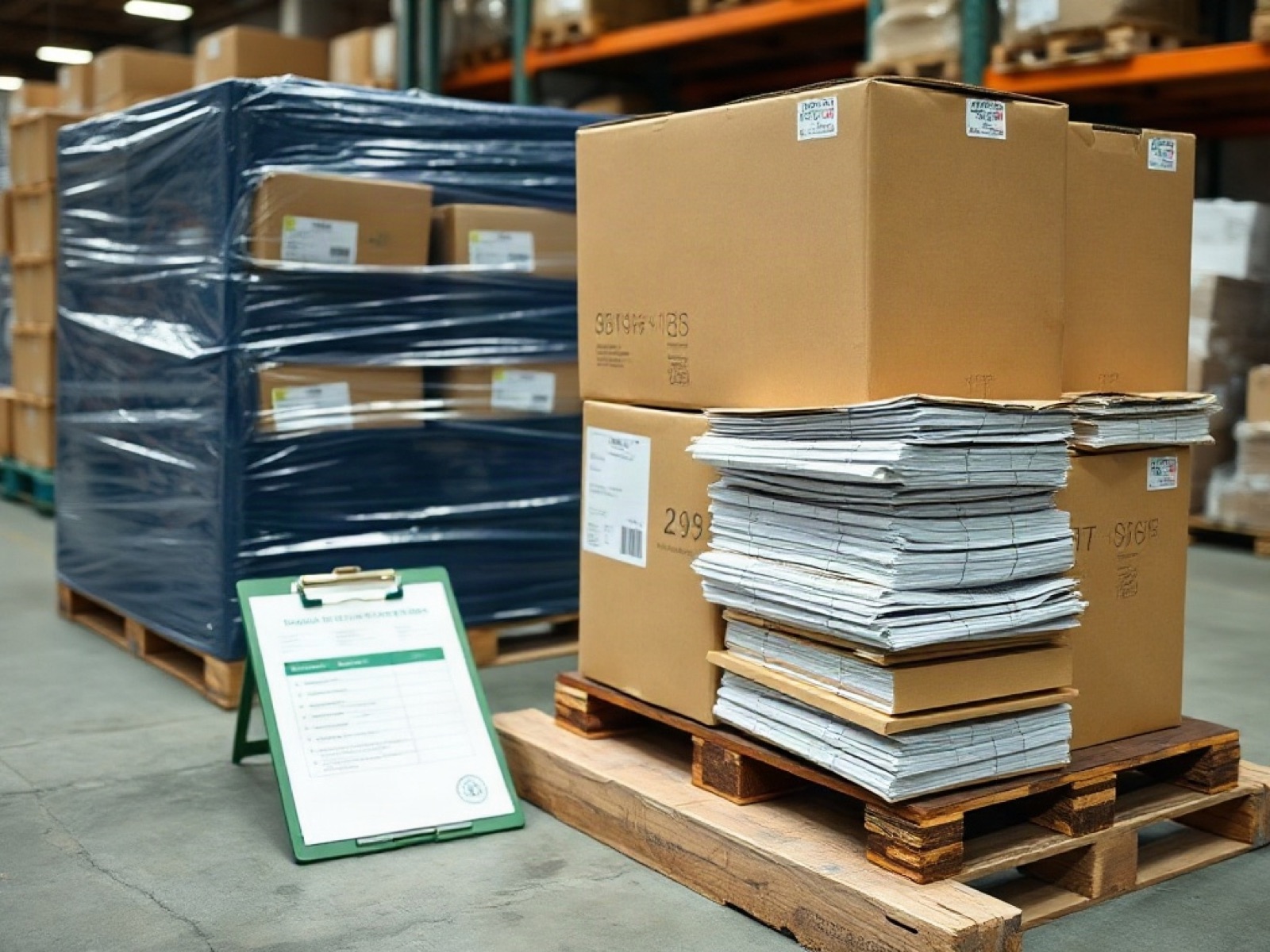 Tarima de mercancía esperando en bodega junto a la documentación de importación